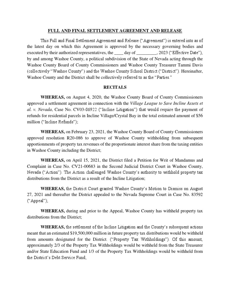 Washoe County School District v. Washoe County Settlement Agreement | PDF |  Civil Law (Legal System) | Justice