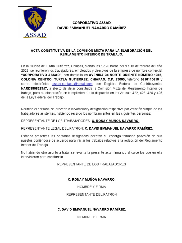 Acta Comisión Mixta Reglamento Laboral | PDF | Derecho