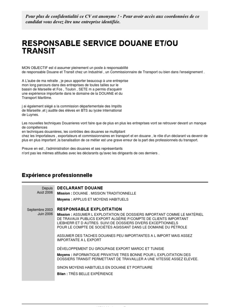 Responsable Service Douane Et Ou Transit