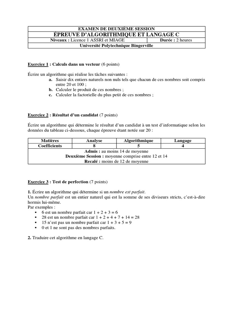 Examen Algorithme et Langage C L1 | PDF