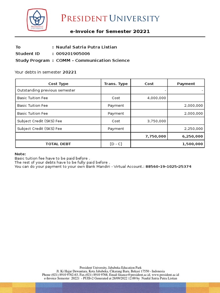 President University Semester 20221 e-Invoice | PDF