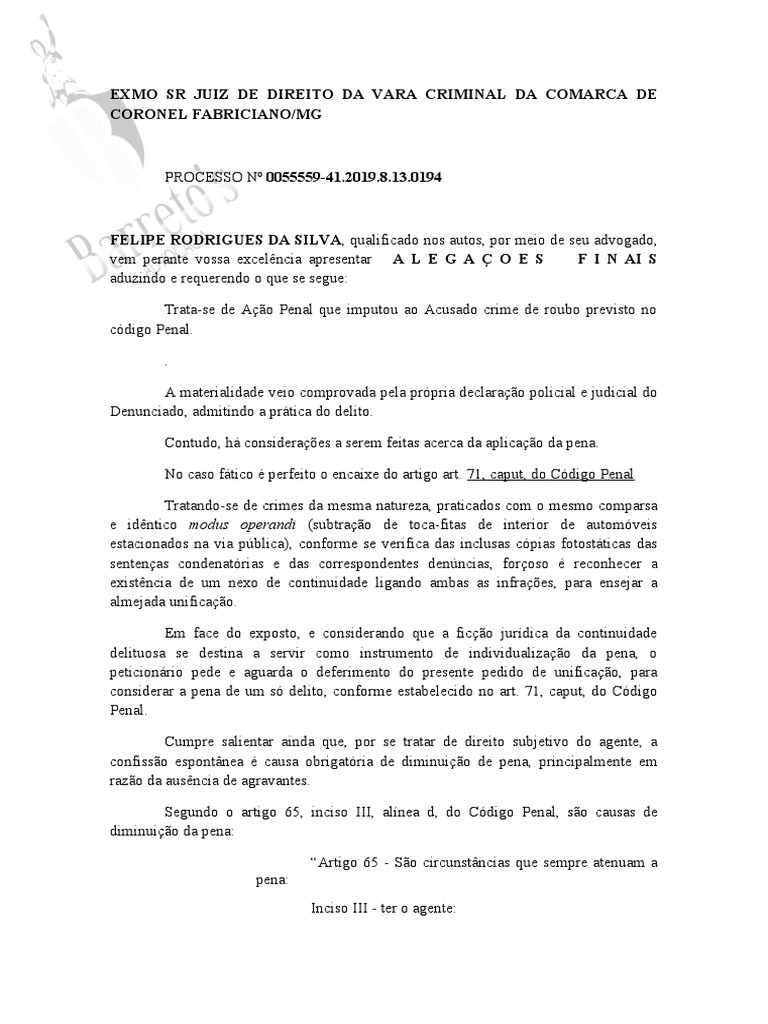 Alegações Finais Felipe PDF Confissão (jurídico)