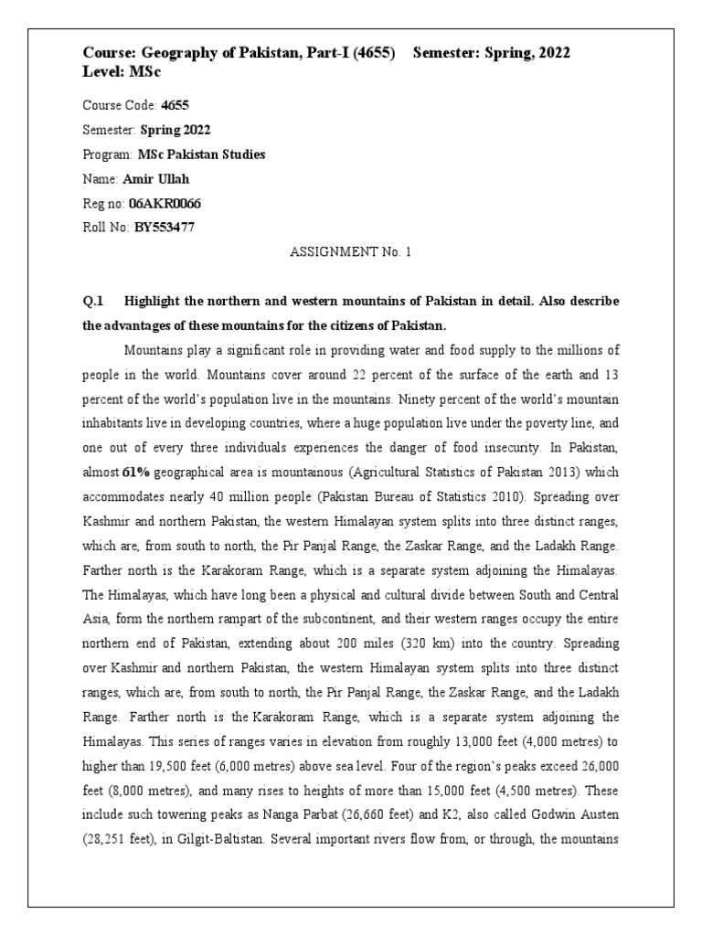 Course Geography of Pakistan, PartI (4655) Semester Spring, 2022