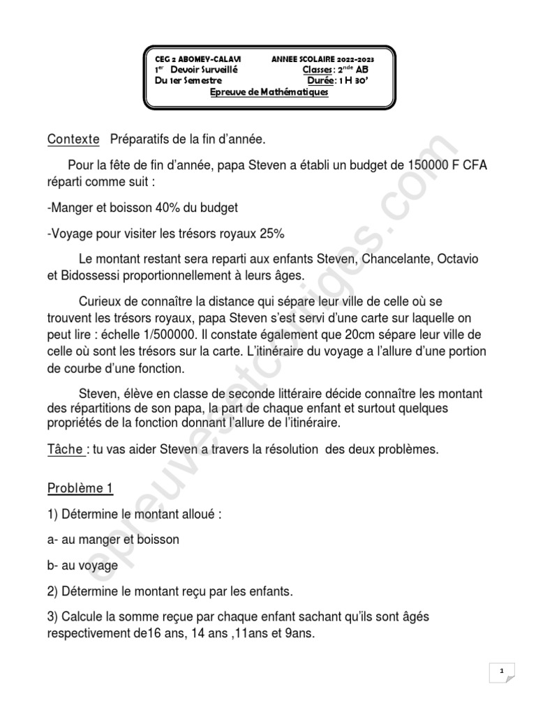Devoir de Maths 2nde AB - 1er Semestre | PDF | Mathématiques