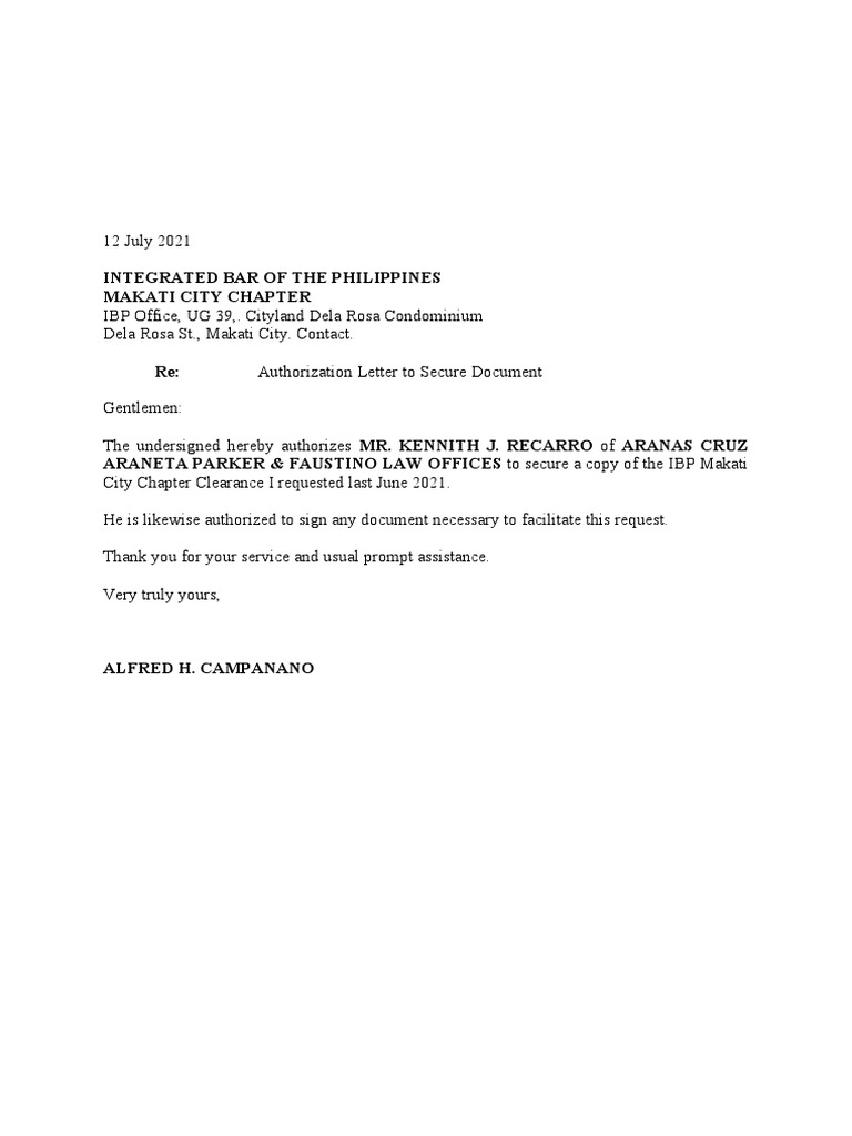 Authorization Letter for IBP Clearance | PDF