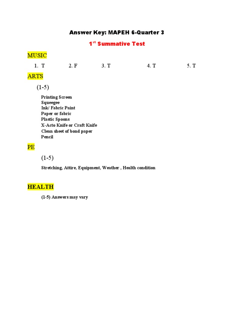 Answer Key MAPEH 1 and 2 | PDF | Science & Mathematics