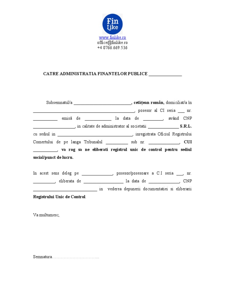 Cerere Registru Unic De Control Model PDF