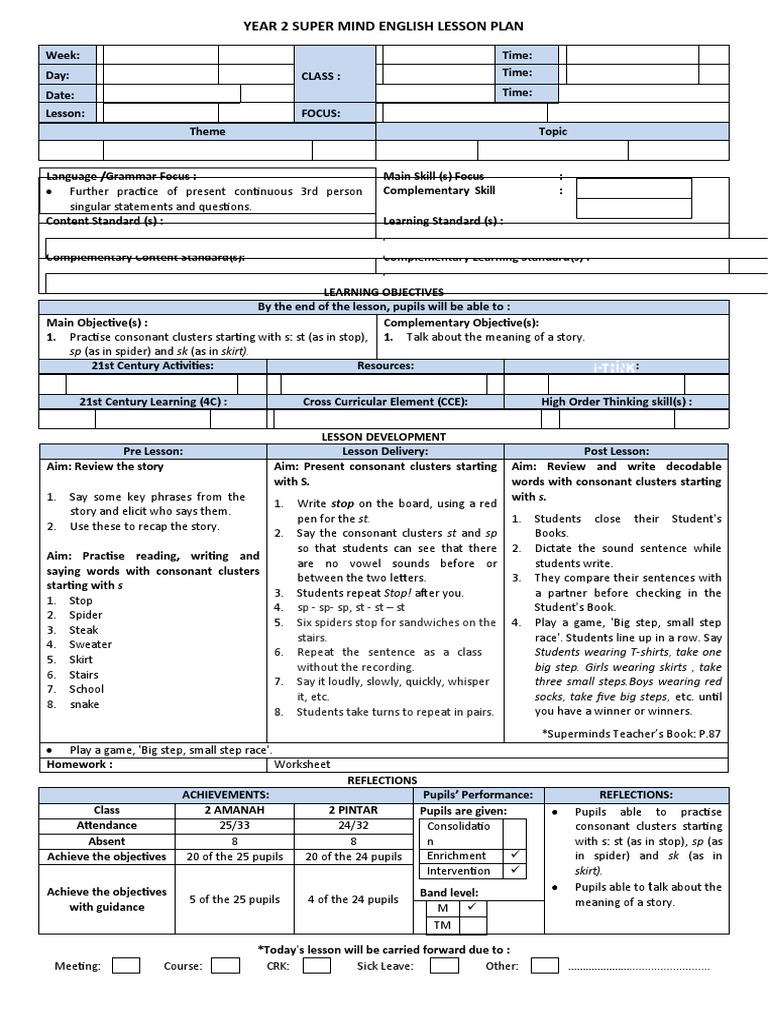 Year 2 Super Mind English Lesson Plan Week 35docx Pdf English
