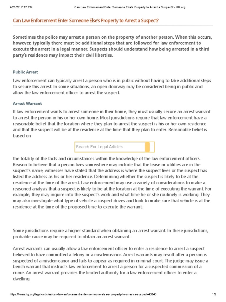 Can Law Enforcement Enter Someone Else's Property To Arrest A Suspect