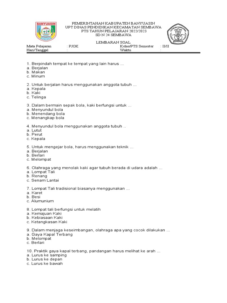 Panduan Lengkap: Download Soal PTS PJOK Kelas 2 SDIT Kurikulum 2013 untuk Persiapan Optimal