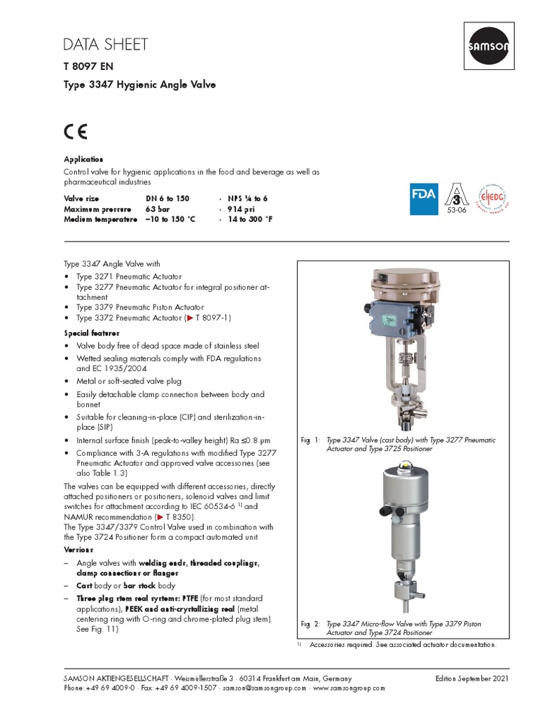 T 8097 EN Type 3347 Hygienic Angle Valve: Application | PDF | Valve ...