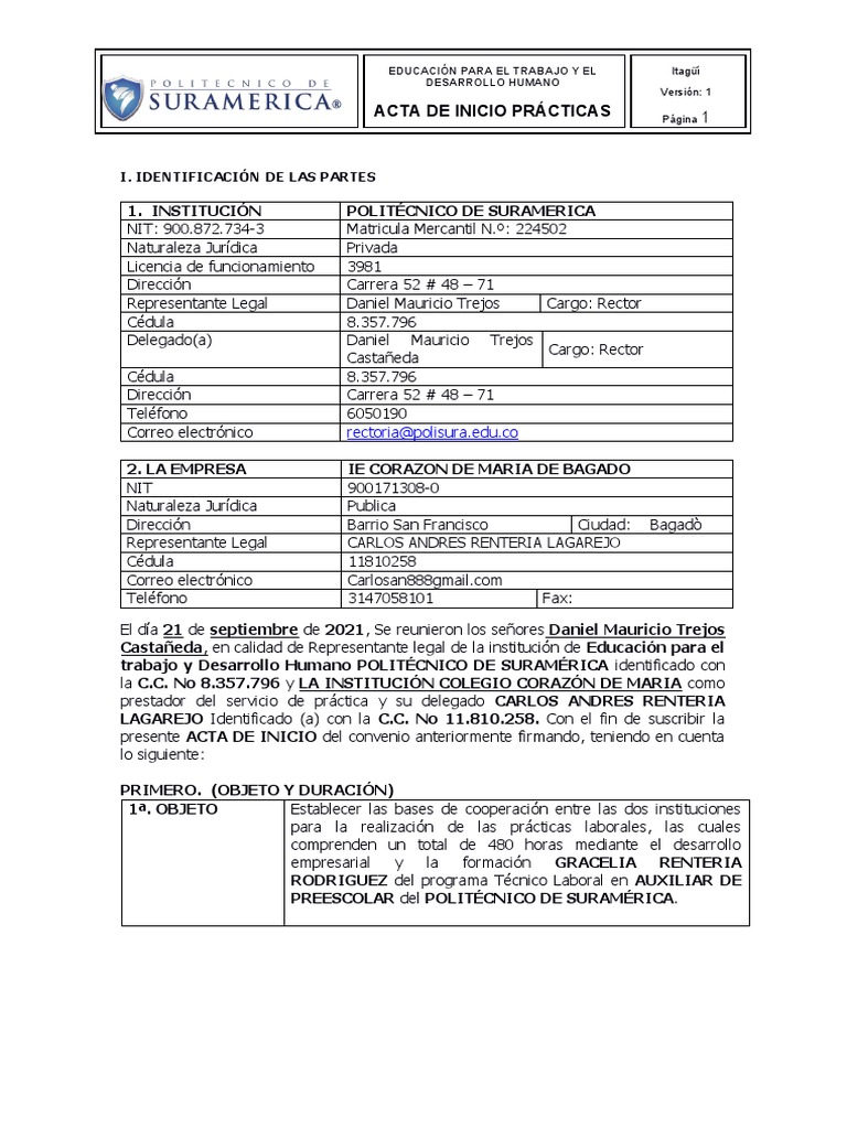Acta de Inicio de Prácticas Auxiliar de Preescolar | PDF