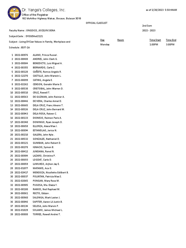Dycian values class roster pdf