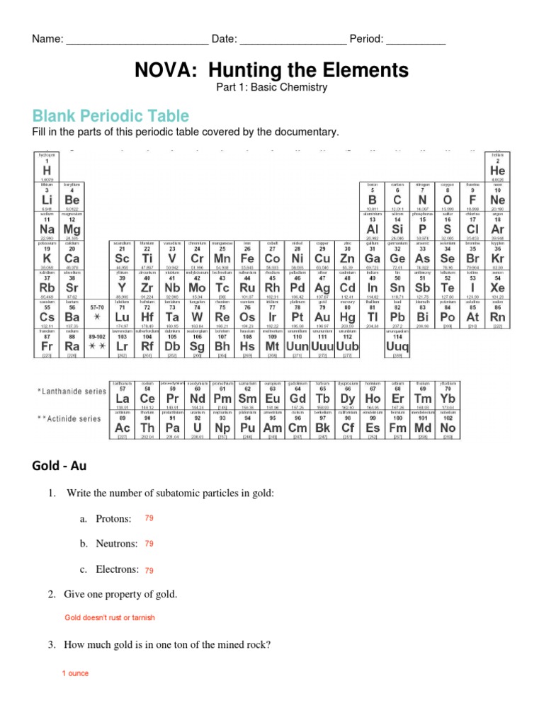 NOVA Hunting The Elements Blank Periodic Table PDF Chemical Elements Chlorine