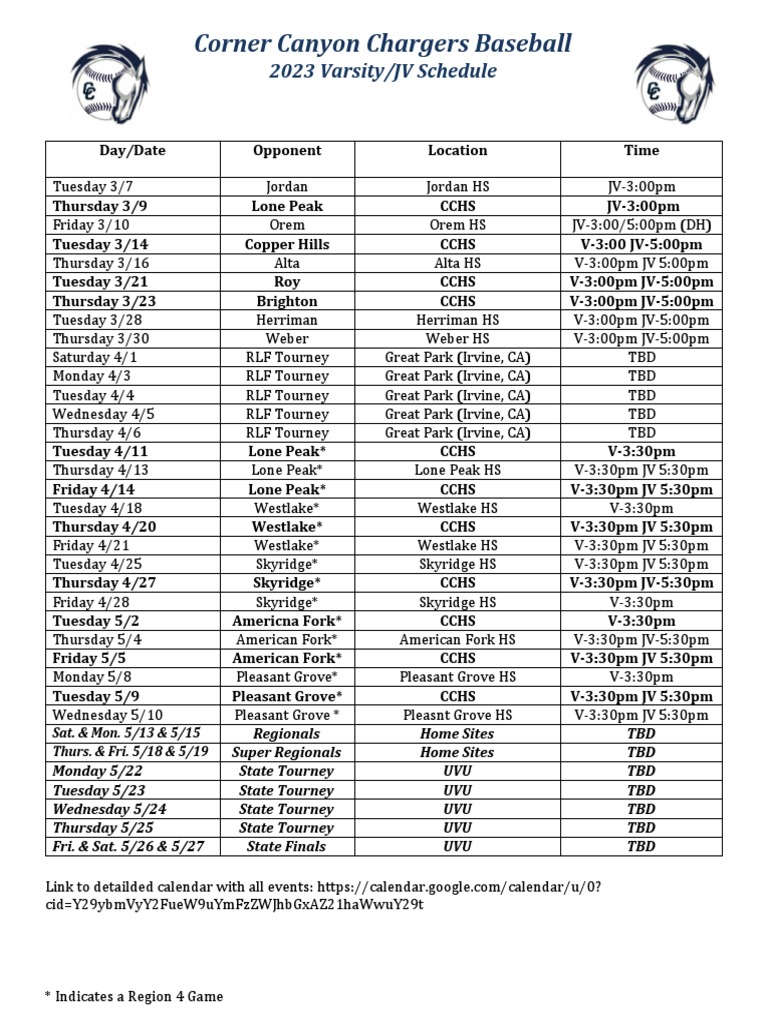 2023 Varsity JV Baseball Schedule PDF