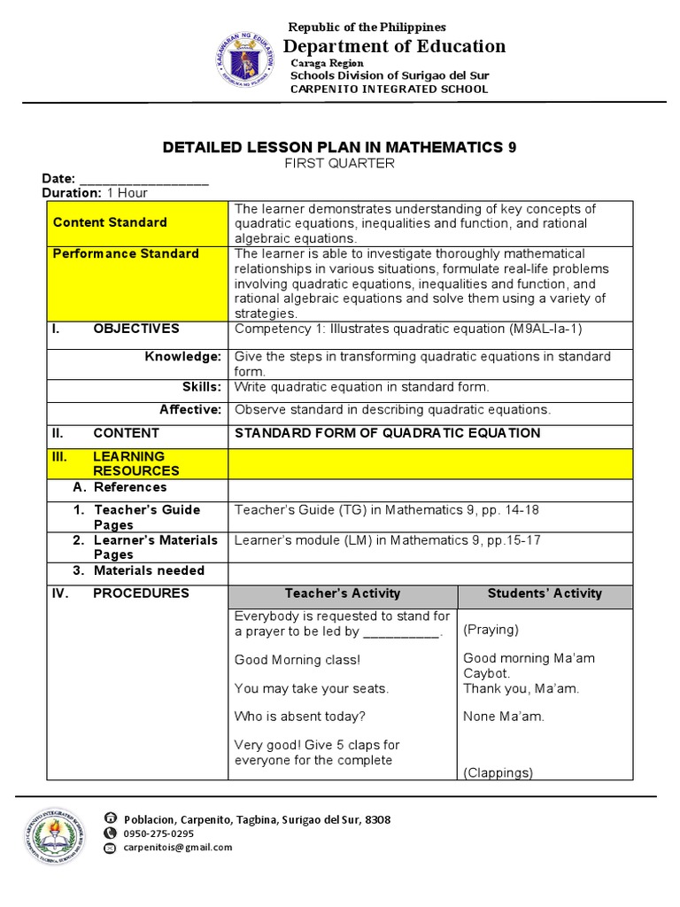 LP Detailed Ict Integration | PDF | Equations | Quadratic Equation