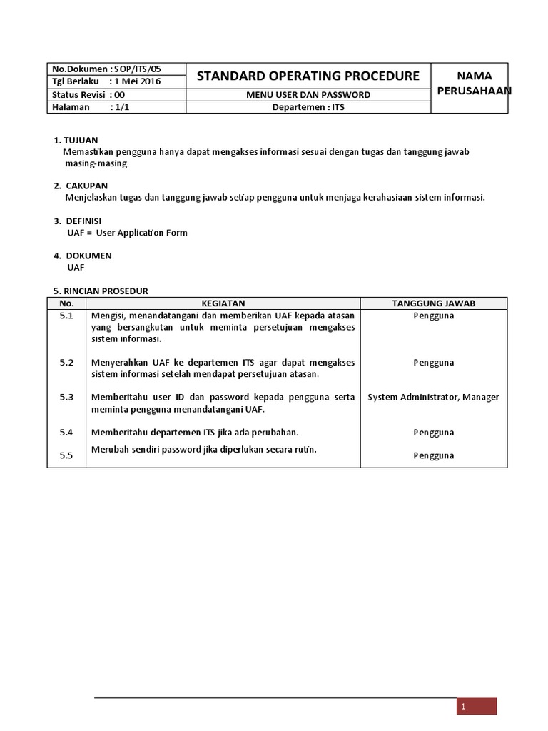 Standard operating procedures for user access and passwords pdf