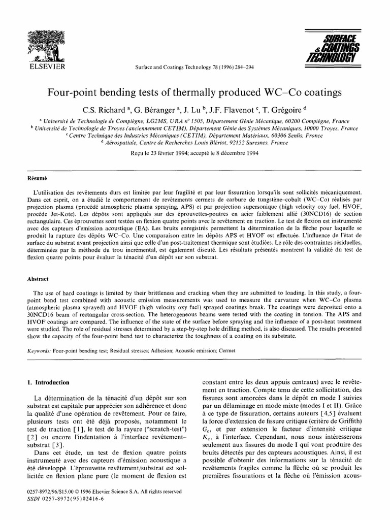 Four-Point Bending Tests of Thermally Produced WC-Co Coatings | PDF