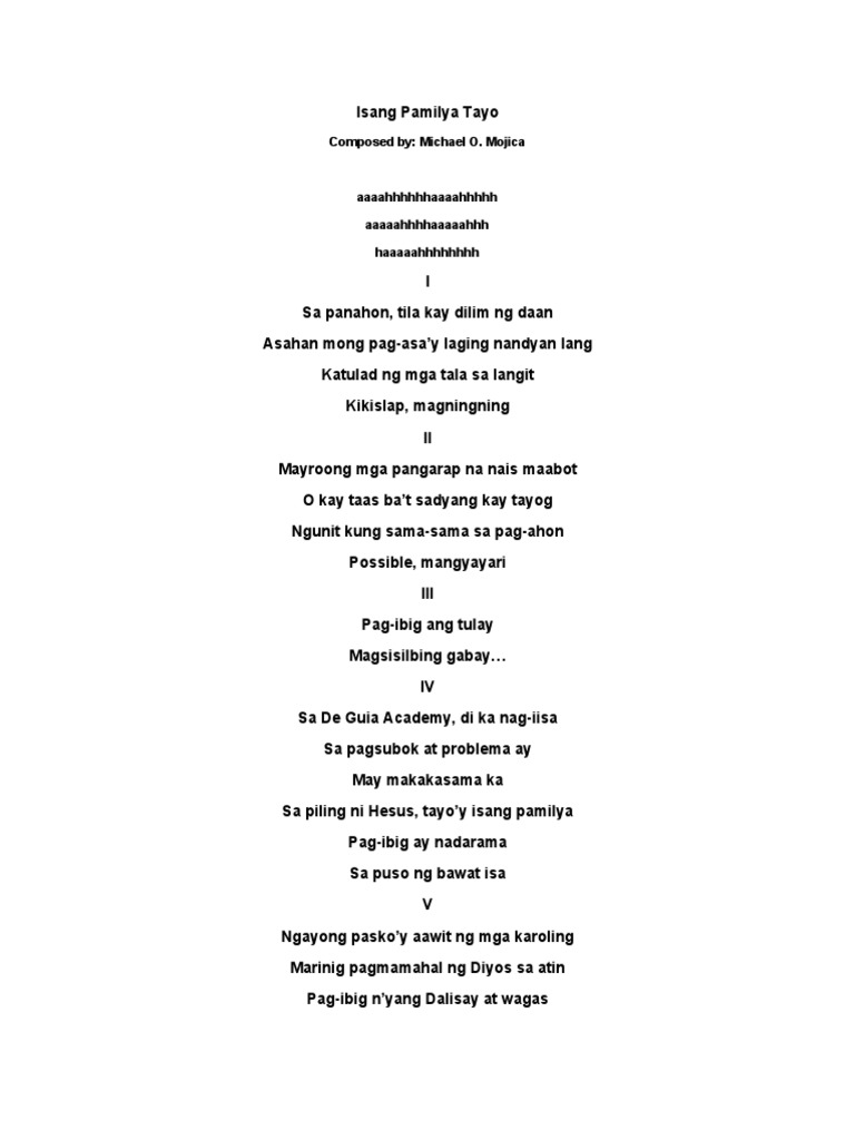 Isang pamilya tayo lyrics pdf
