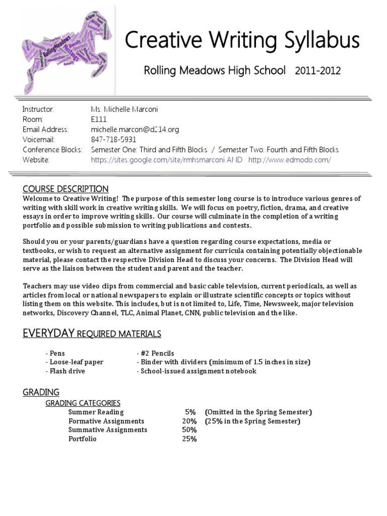 Creative Writing Syllabus 11-12 Marconi | Educational Assessment | Homework