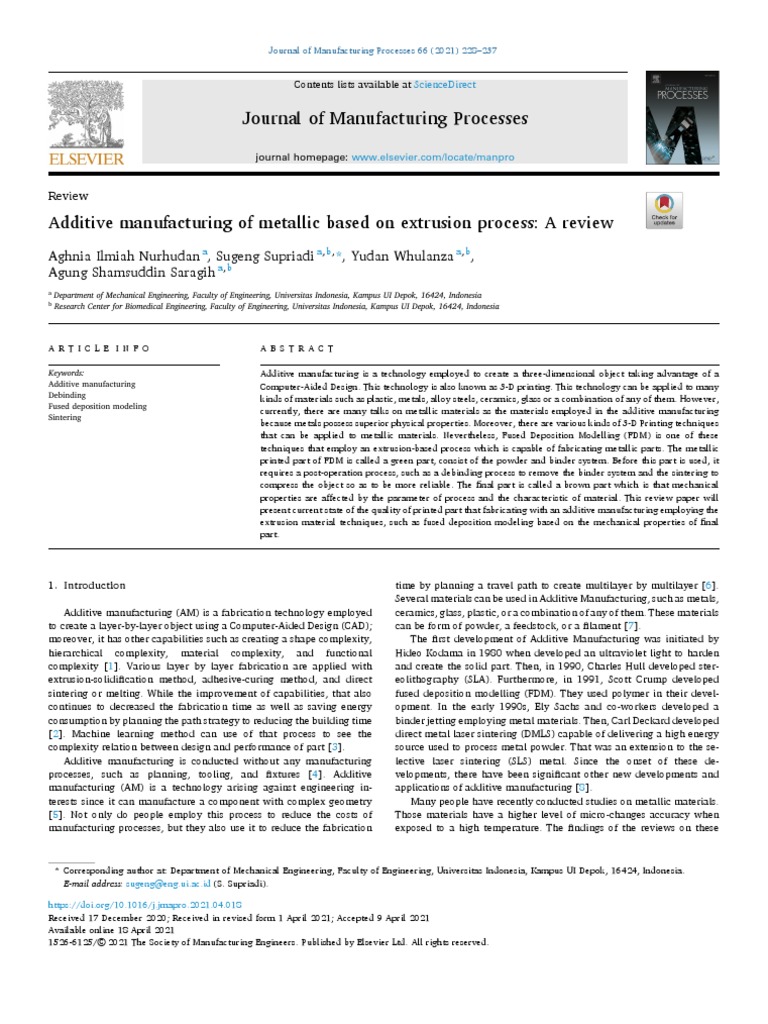 Additive Manufacturing of Metallic Based On Extrusion Process - A ...