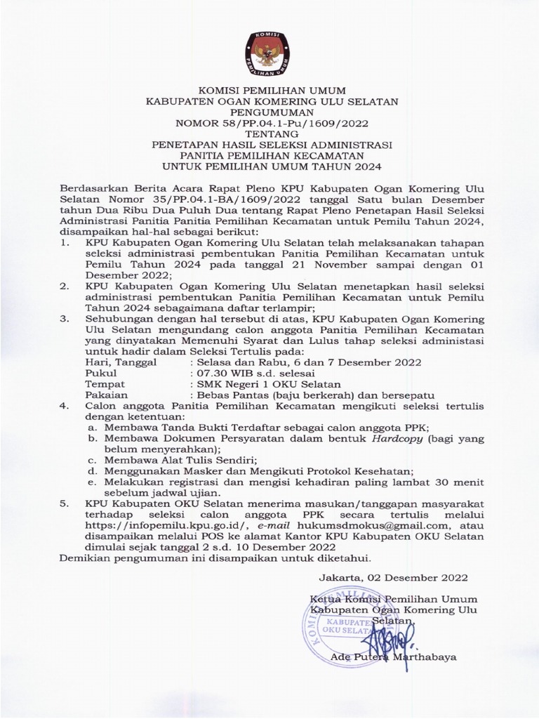 Pengumuman Hasil Seleksi Administrasi Calon Anggota PPK | PDF