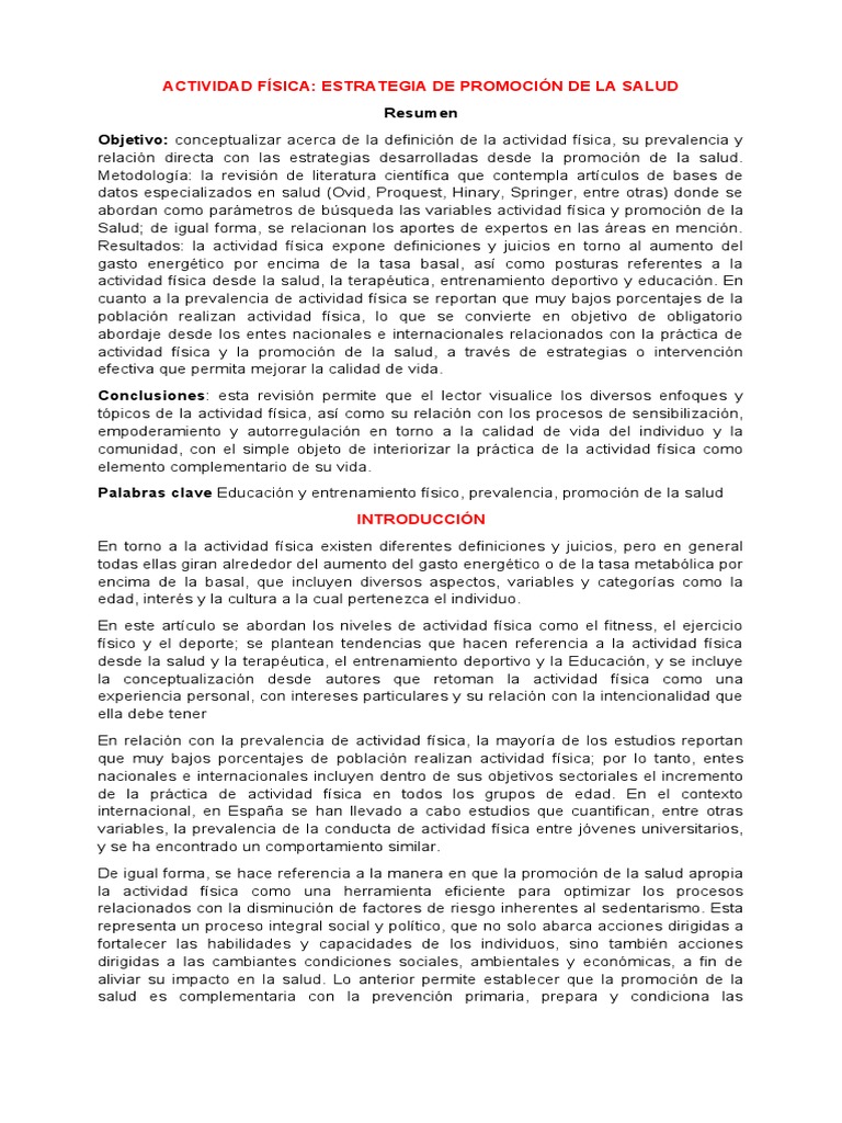 Actividad Física Estrategia De Promoción De La Salud Pdf Estilo De