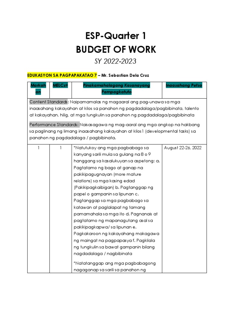 Esp-Q1-Budget of Work | PDF