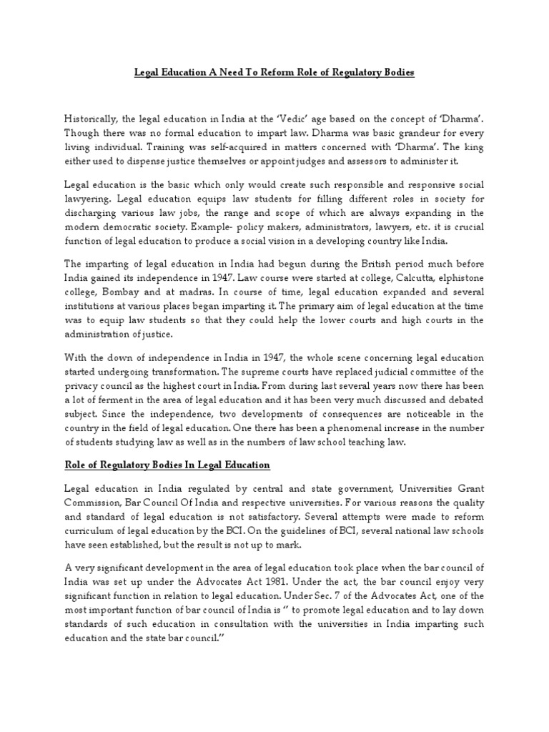Legal Education A Need To Reform Role of Regulatory Bodies | PDF ...
