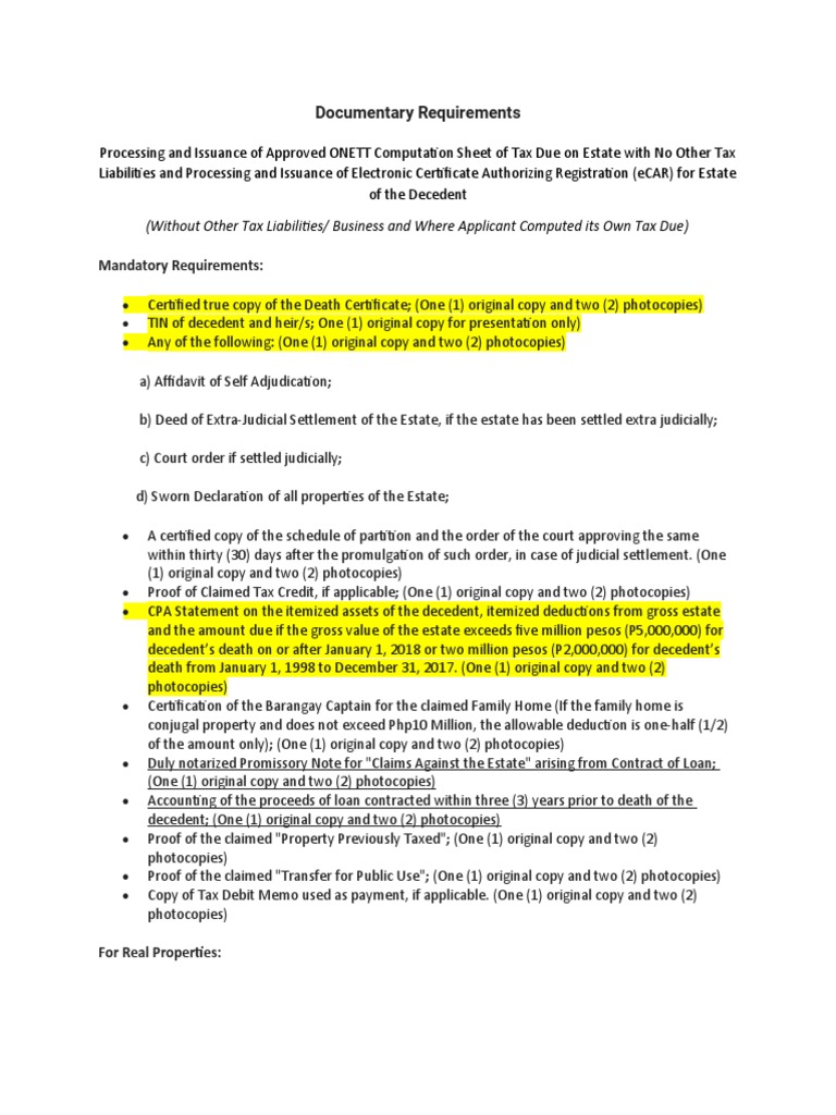 Estate Tax Documentary Requirements PDF Payments Debit Card