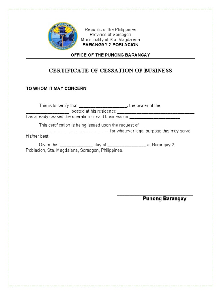 Certificate of Cessation of Business | PDF