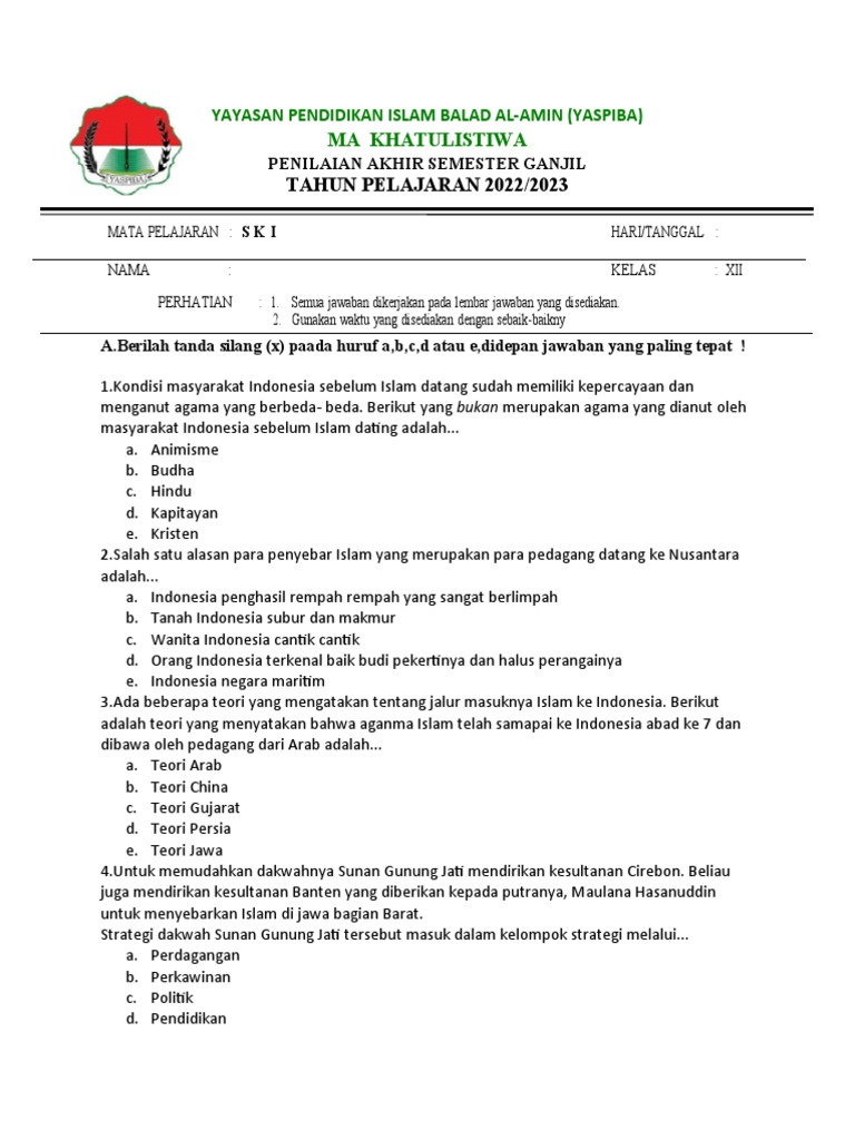 Soal Pas Ski Kelas 12 Pdf