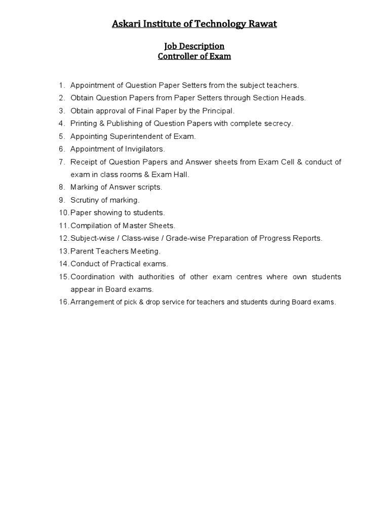 Controller of Exam Duties at Askari Tech | PDF