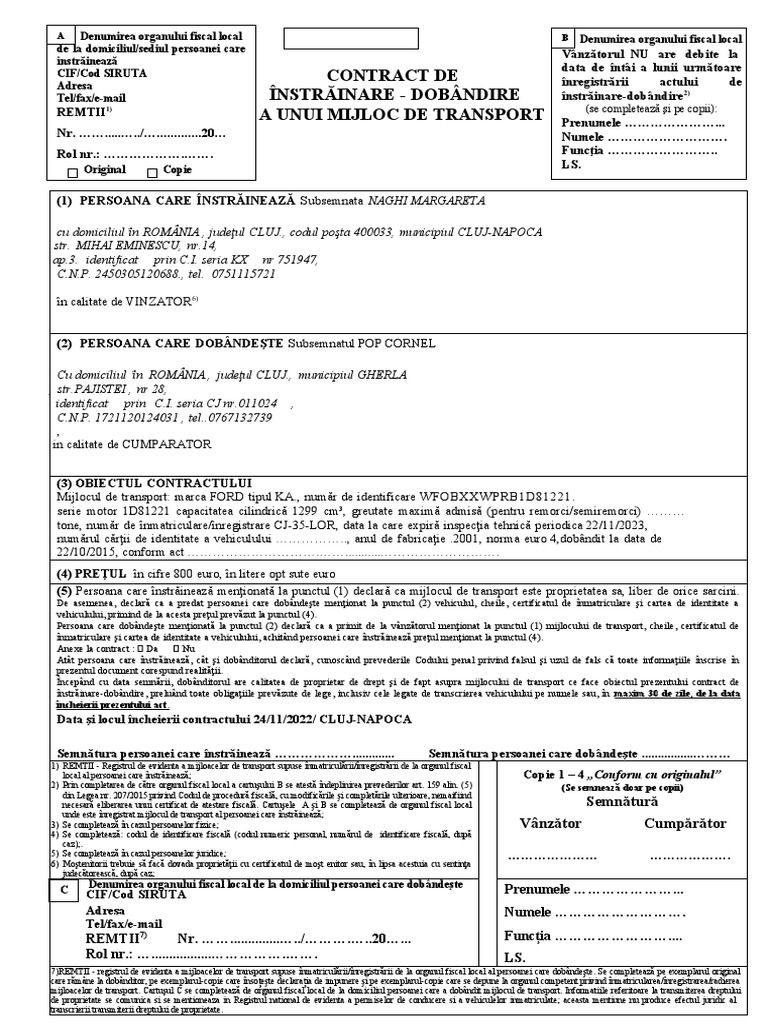 Contract de Instrainare-Dobandire A Unui Mijloc de Transport | PDF