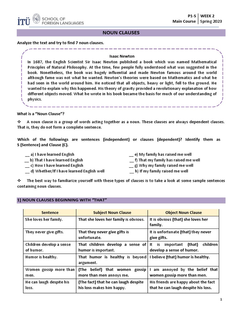 CGM - Noun Clauses (Week 2) (Student Copy) | PDF | Clause | Sentence ...