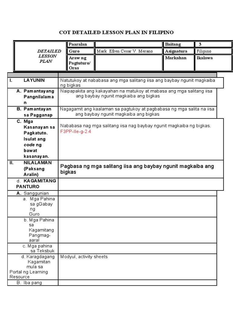Cot Detailed Lesson Plan in Filipino | PDF