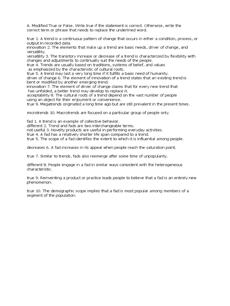 Answer Key Trends and Fads PDF