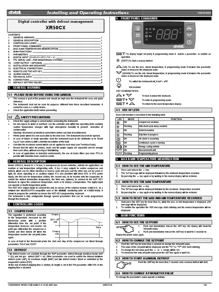 Installation and operating instructions for the dixell xr50cx digital