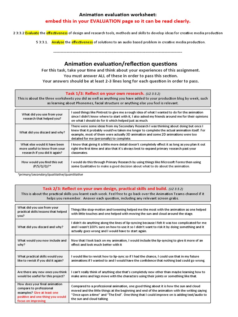 Animation Evaluation Worksheet | PDF | Cognition