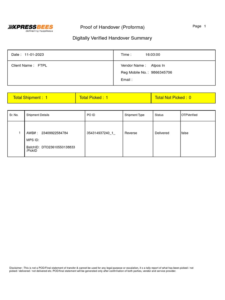 Cargo Handover Summary Report | PDF