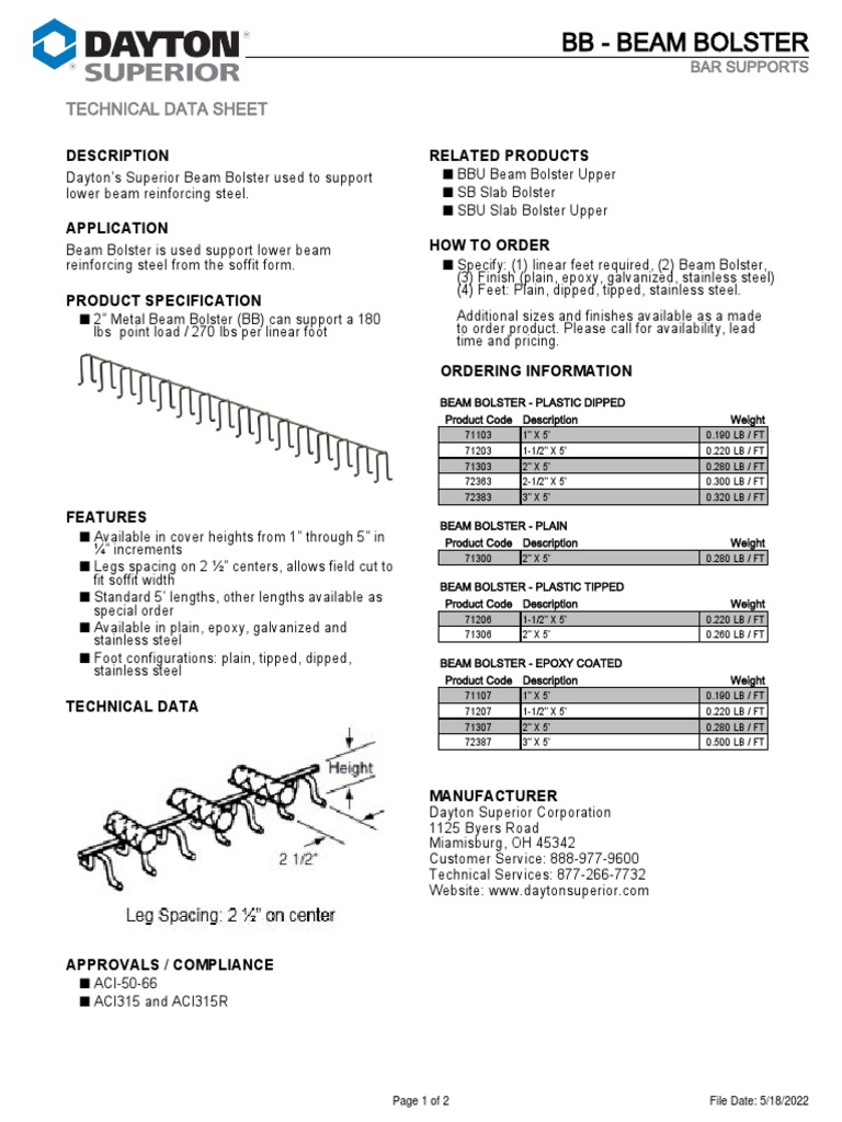 BB Beam Bolster Bar Support Tech Data Sheet PDF Sheet Metal