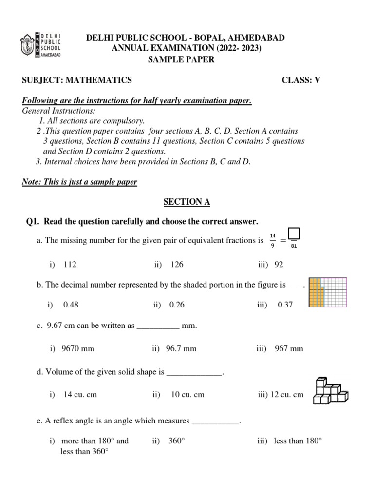 CLASS 5 Math Sample Paper Annual Exam 2022-23 | PDF | Length | Volume