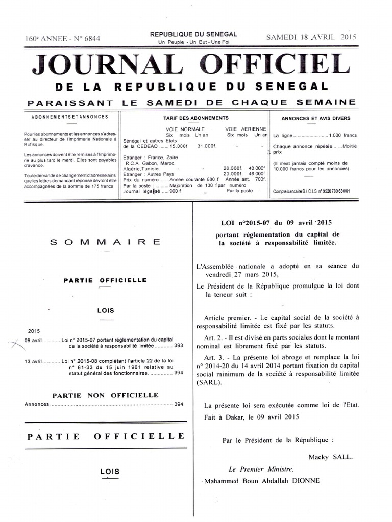 Sénégal-Loi N°2015-07 Du 09 Avril 2015 Portant Reglementation Du ...