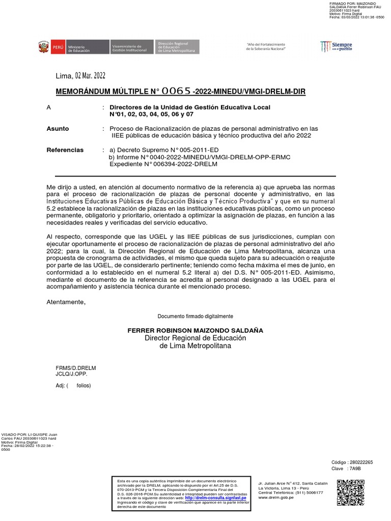 Memorandum Multiple N 0065 2022 MINEDU VMGI DRELM DIR 18 03 2022 | PDF ...
