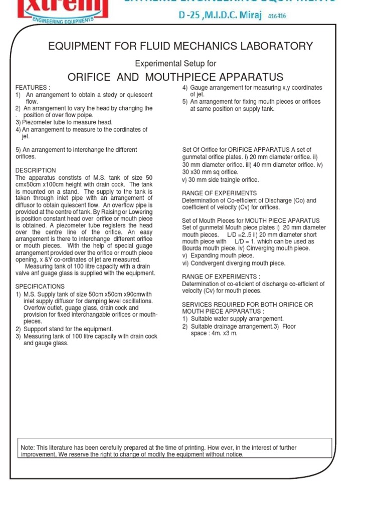 Orifice & Mouthpiece Apparatus PDF Civil Engineering Fluid Mechanics