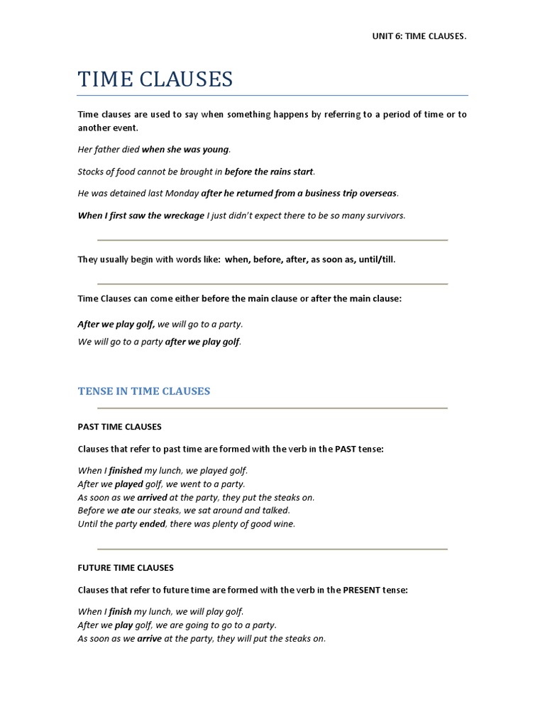 Unit 6. TIME CLAUSES PDF Sentence (Linguistics) Grammatical Tense