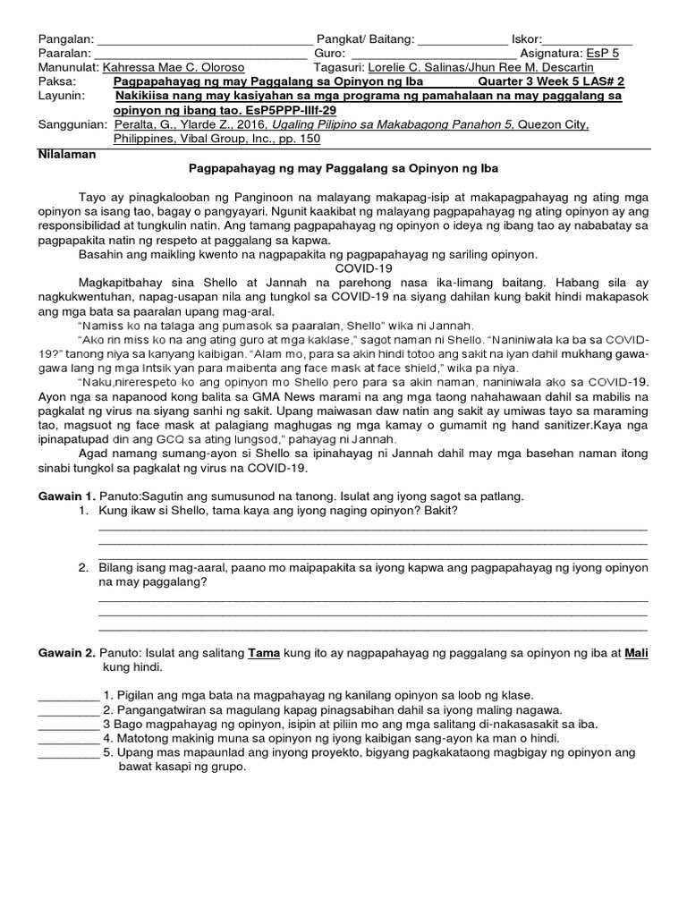 Esp 5 Quarter 3 Week 5 Las 2 | PDF
