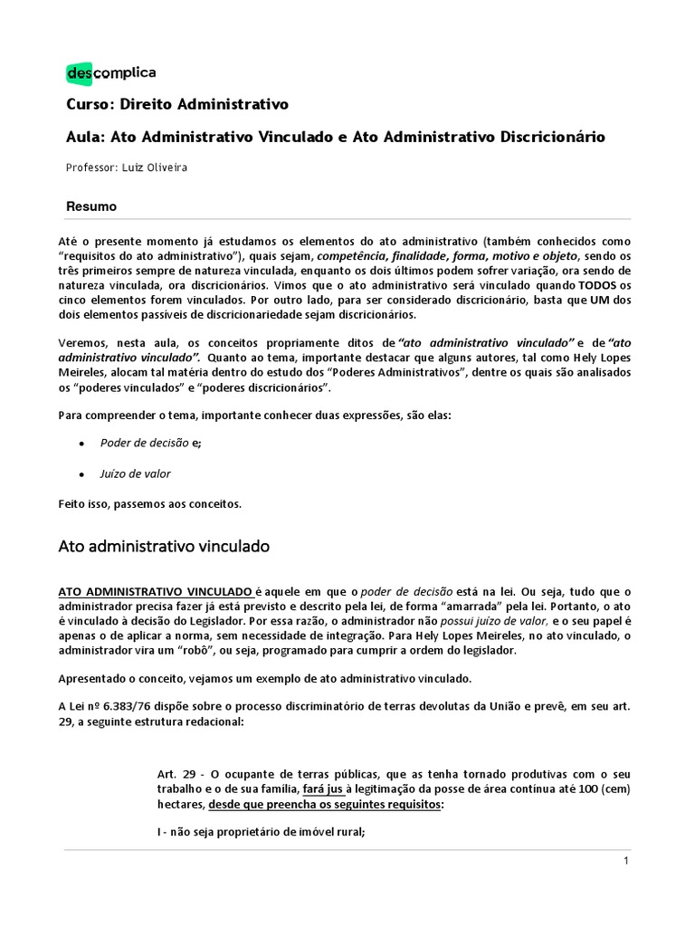 Aula 59 Ato Administrativo Vinculado E Ato Administrativo