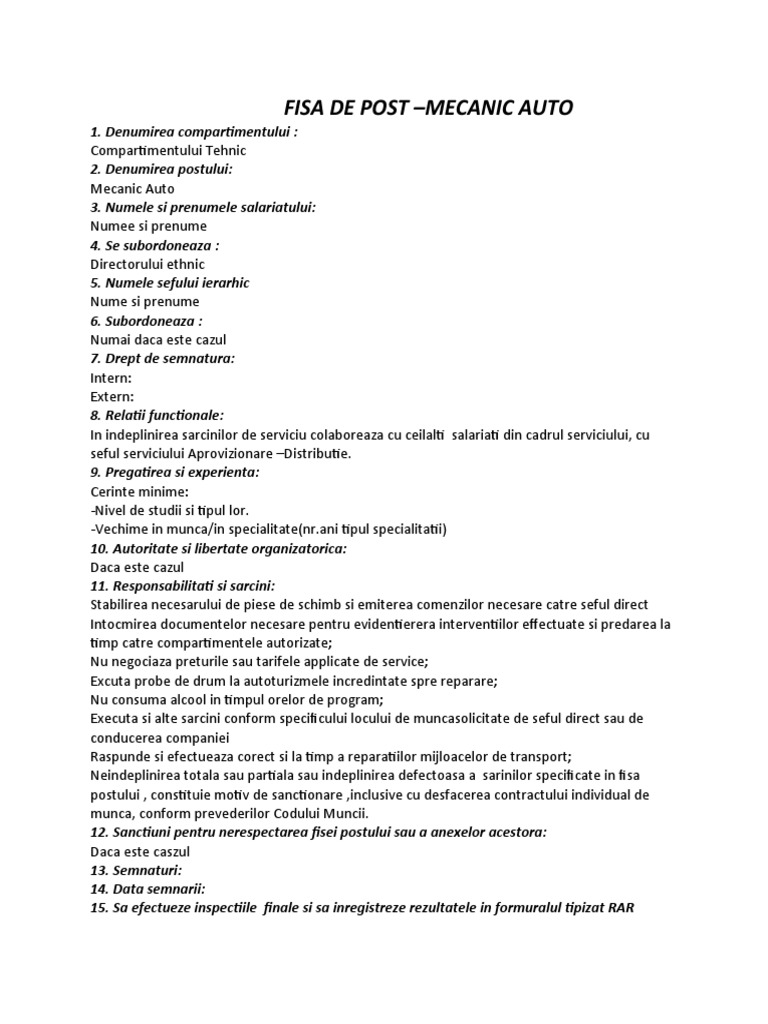 Fisa de Post Mecanic Auto | PDF