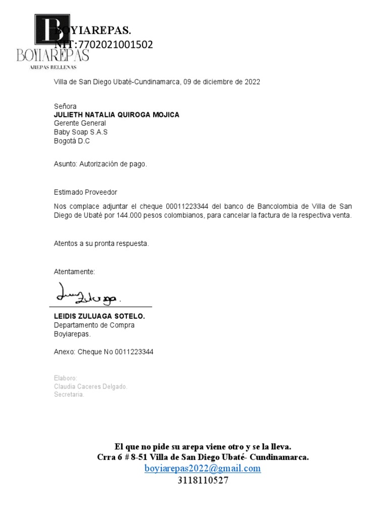 Autorización de pago con cheque colombiano | PDF